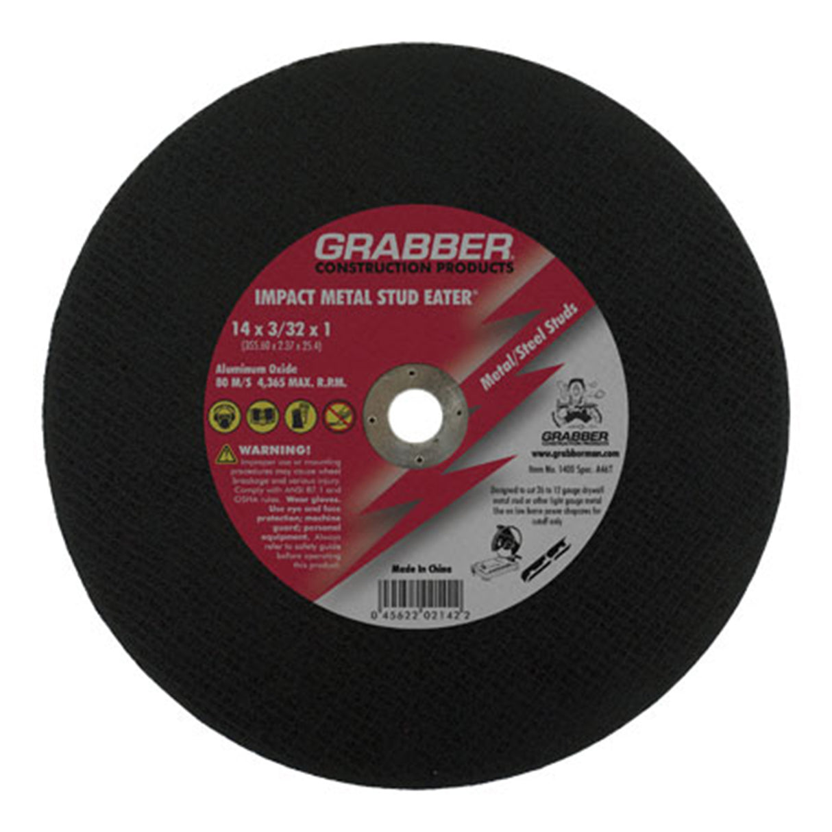 Disco de corte de impacto Grabber para pernos metálicos - 14" x 3/32", eje de 1"