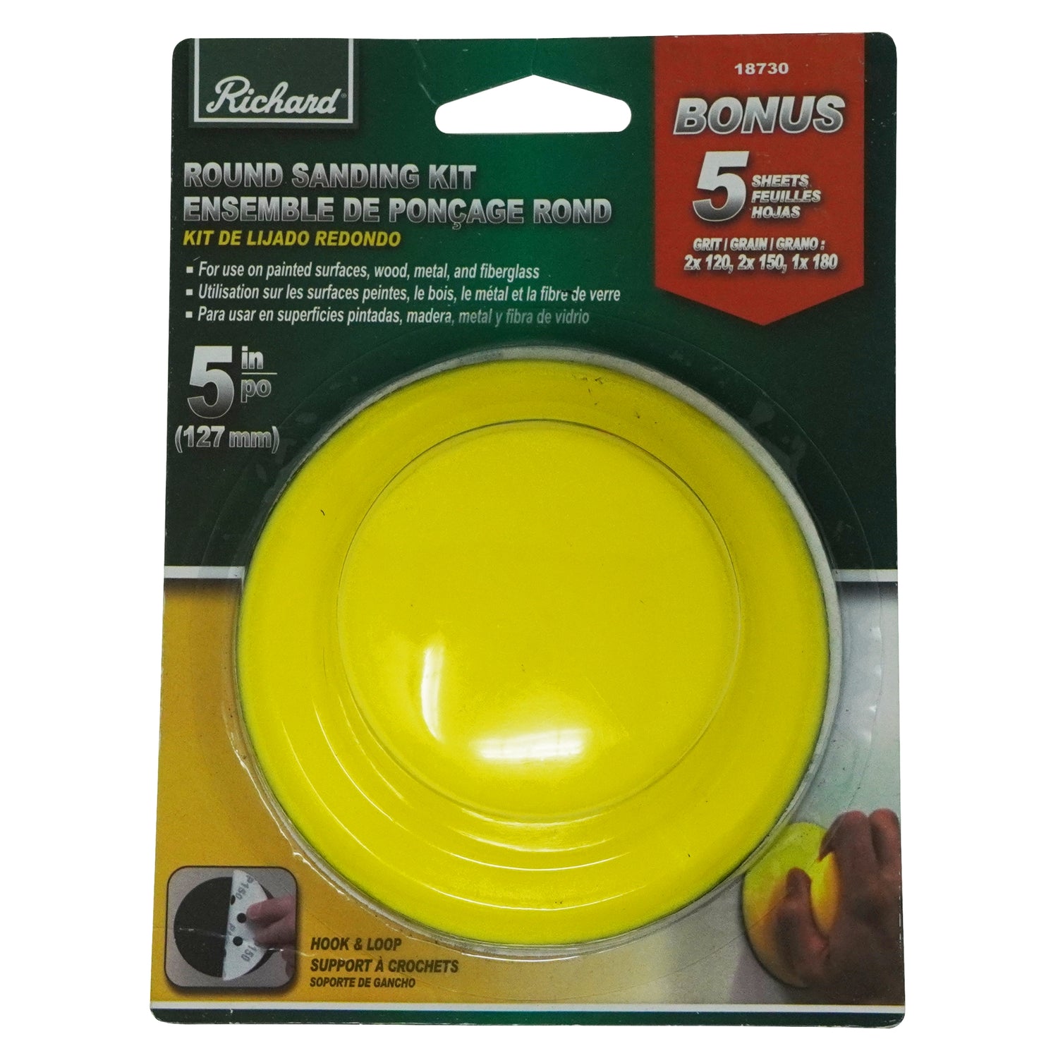 Lijadora de mano redonda Richard de 5" con kit de hojas de lija