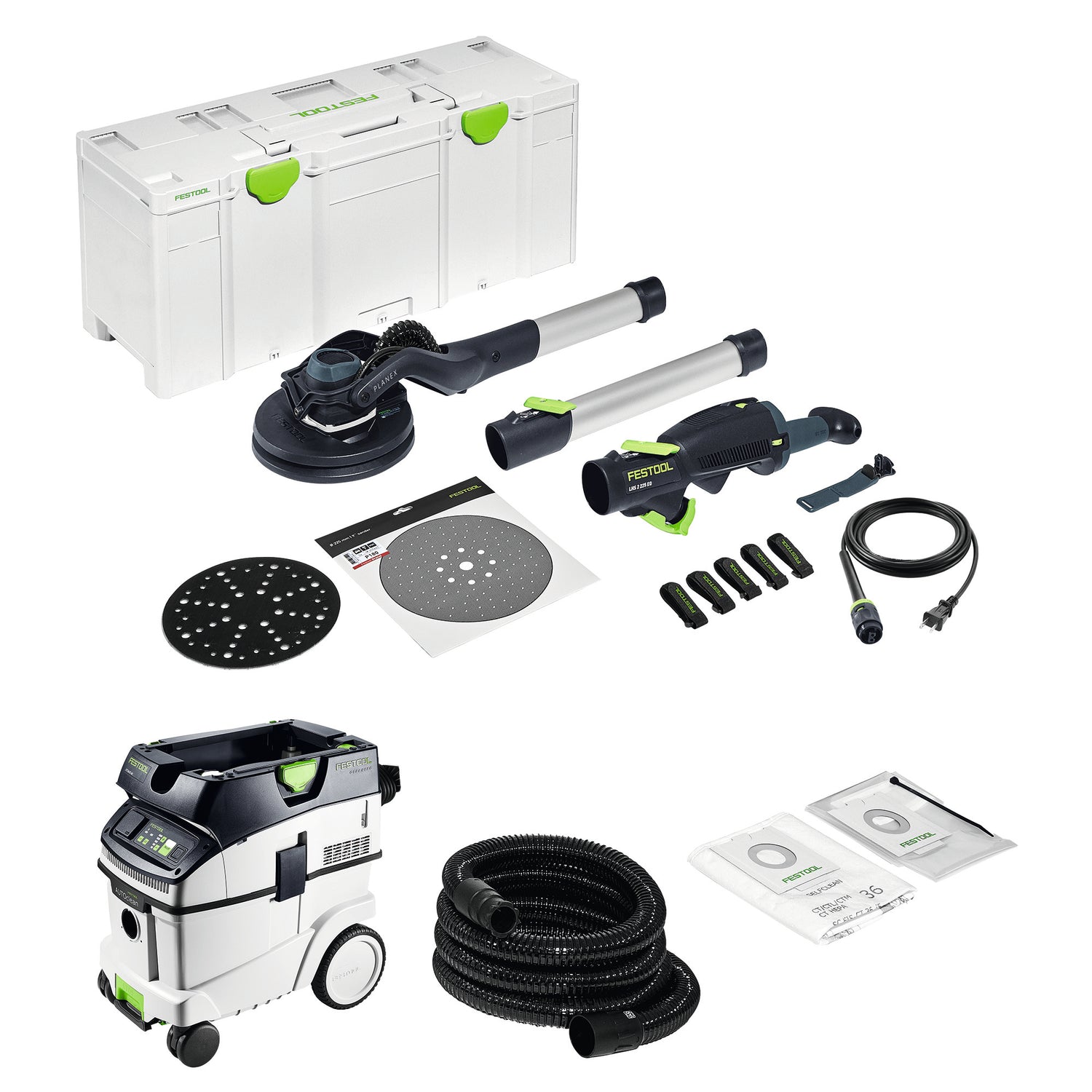 Lijadora para paneles de yeso Festool Planex 2.0 LHS 225 EQI-Plus y extractor de polvo con Autoclean CT 36 EI AC, paquete combinado