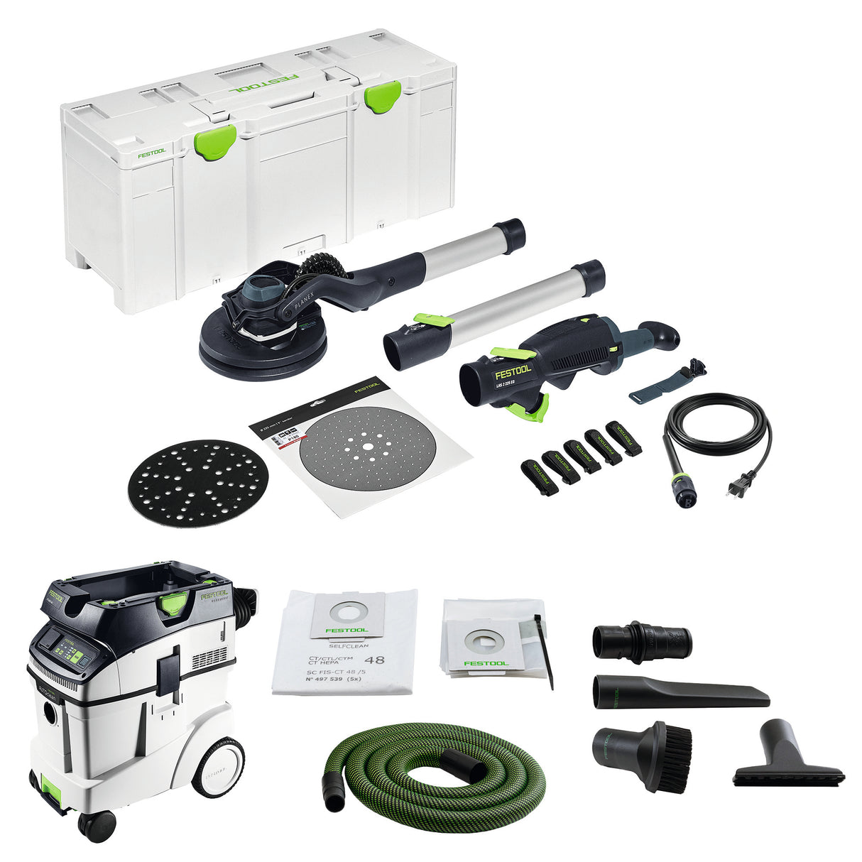 Lijadora para paneles de yeso Festool Planex 2.0 LHS 225 EQI-Plus y extractor de polvo con Autoclean CT 48 EI AC, paquete combinado