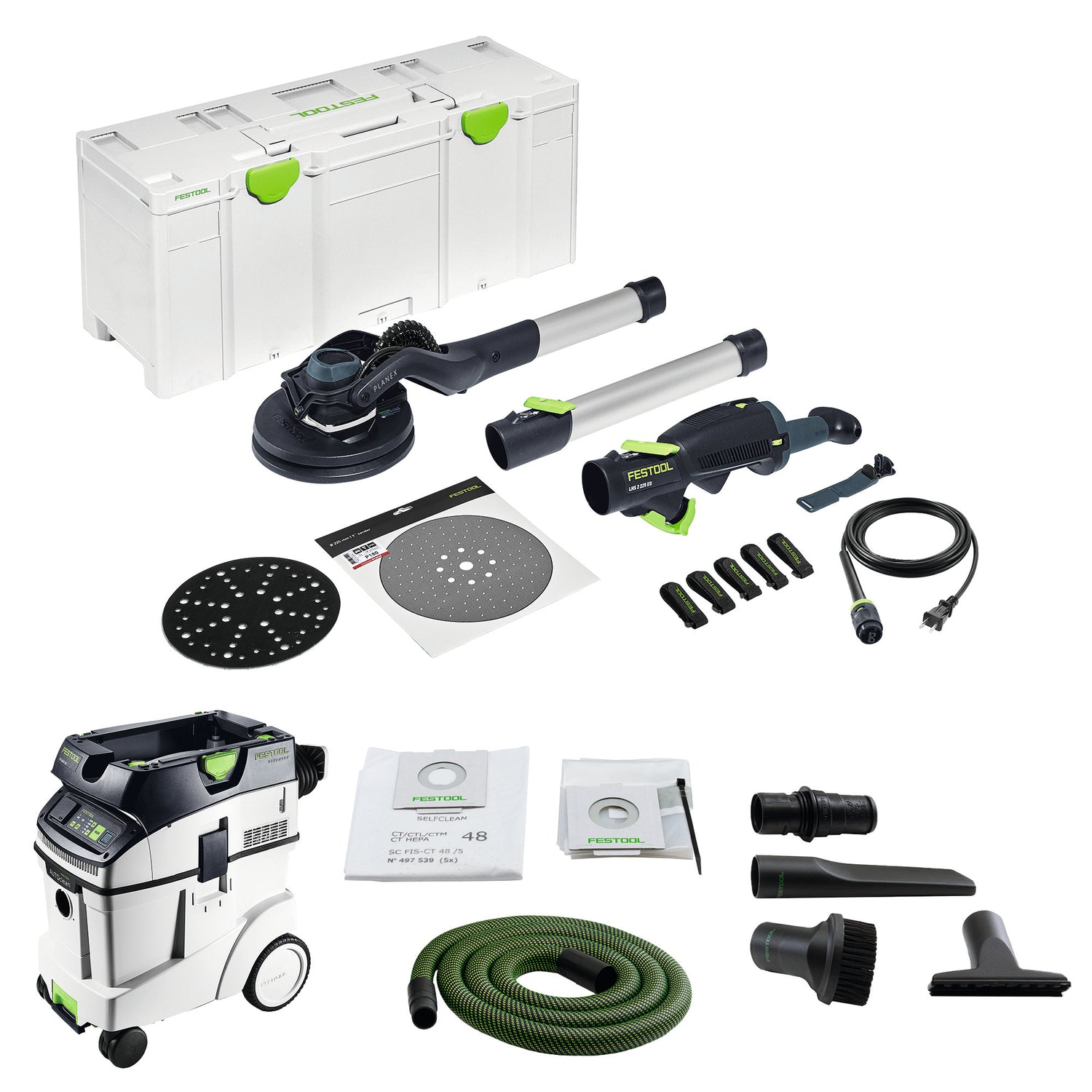 Lijadora para paneles de yeso Festool Planex 2.0 LHS 225 EQI-Plus y extractor de polvo con Autoclean CT 48 EI AC, paquete combinado