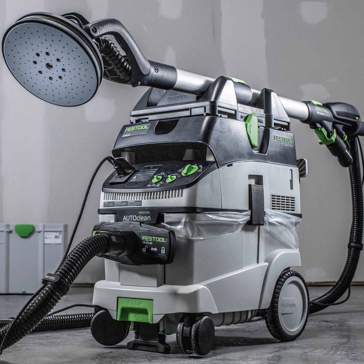 Lijadora para paneles de yeso Festool Planex 2.0 LHS 225 EQI-Plus y extractor de polvo con Autoclean CT 36 EI AC, paquete combinado