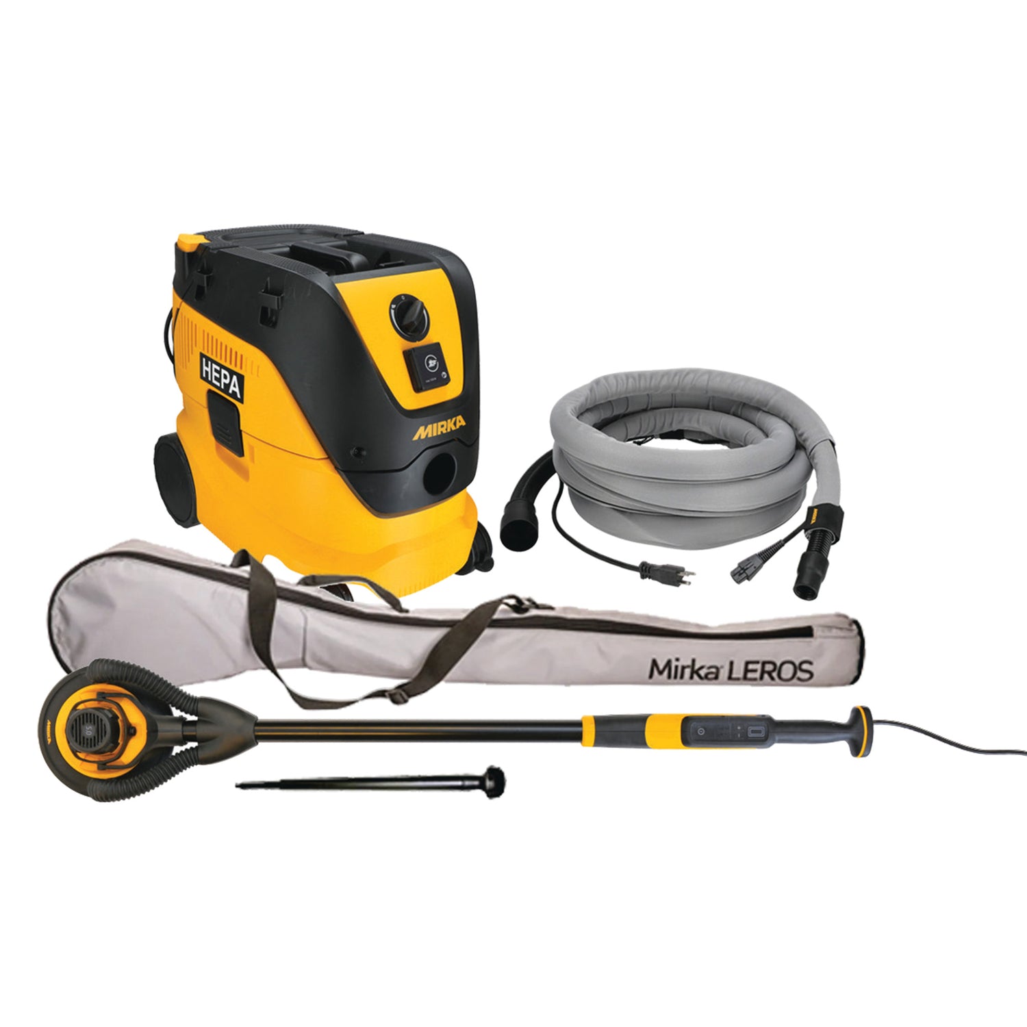 Lijadora de paneles de yeso Mirka Premium LEROS de 9" con paquete combinado de extractor de polvo de limpieza de filtro automático