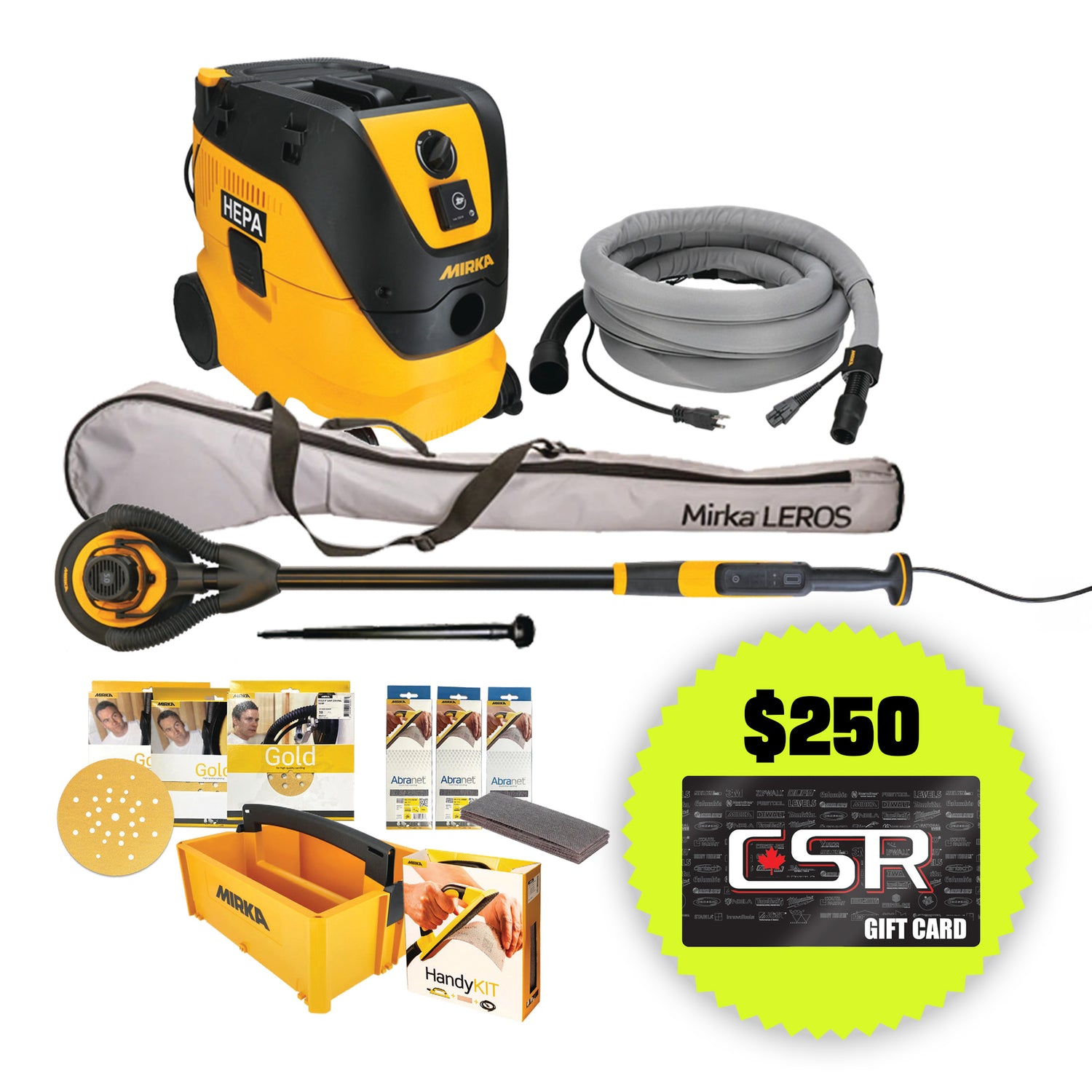 Lijadora de paneles de yeso Mirka Premium LEROS de 9" con paquete combinado de extractor de polvo de limpieza de filtro automático