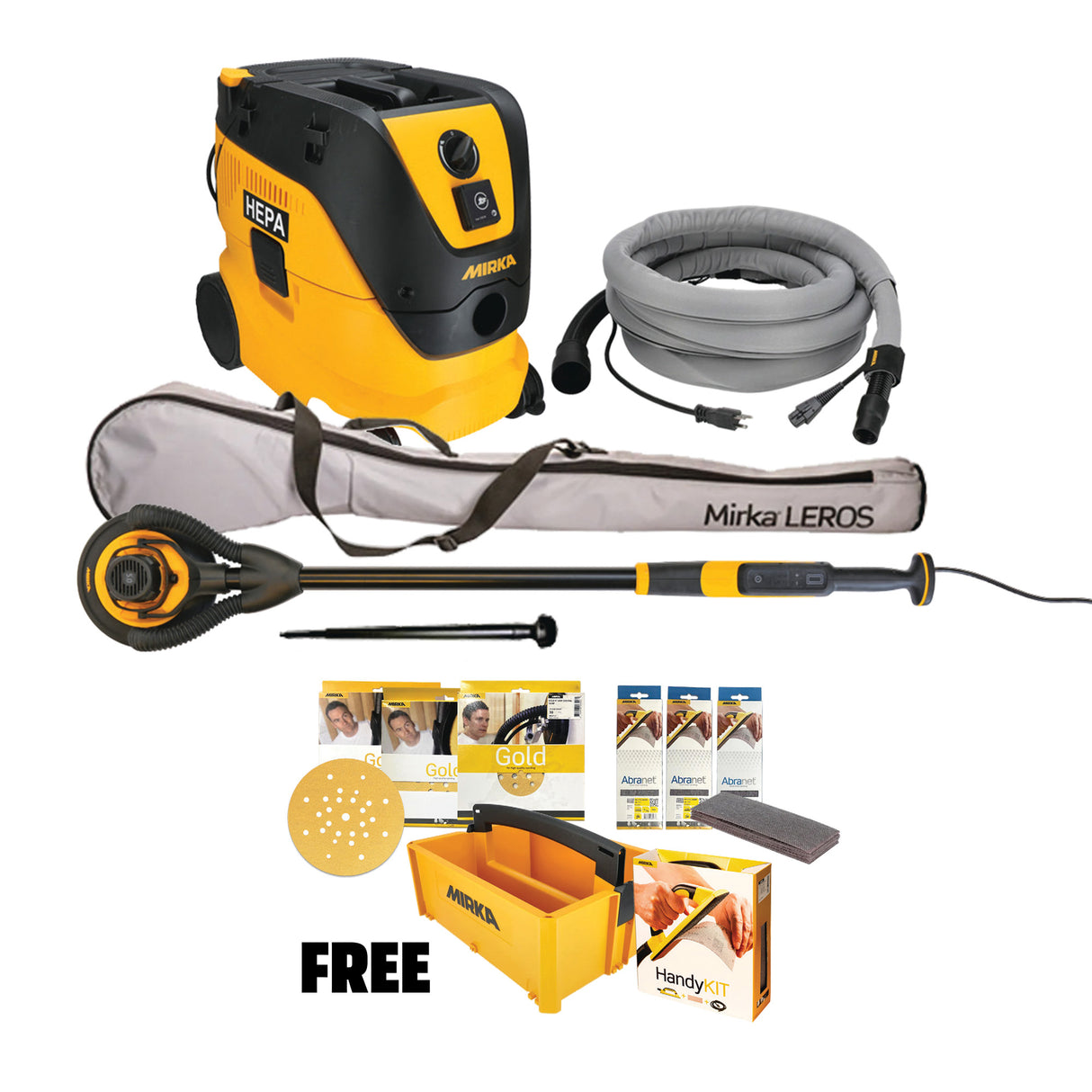 Ponceuse à cloisons sèches Mirka Premium LEROS 9" avec système d'aspiration des poussières à filtre automatique et kit de fournitures pour cloisons sèches GRATUIT