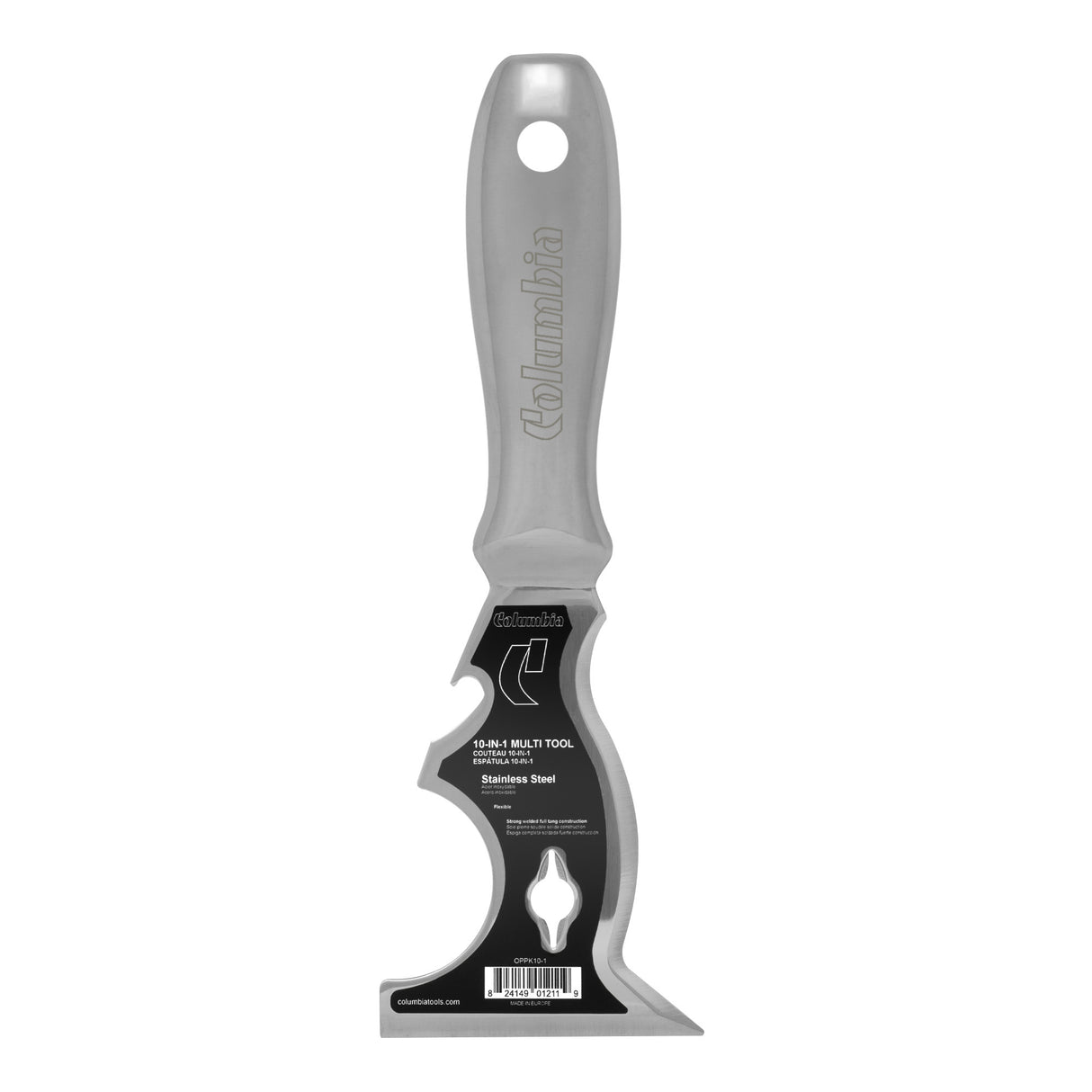 Columbia One Piece 10-in-1 Multi Tool made with stainless steel blade, one-piece handle, and full tang construction