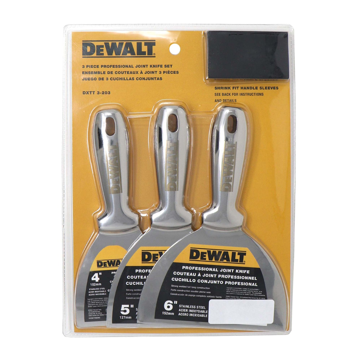 Juego de cuchillos para juntas de acero inoxidable profesional DeWalt con empuñaduras DXTT-3-203