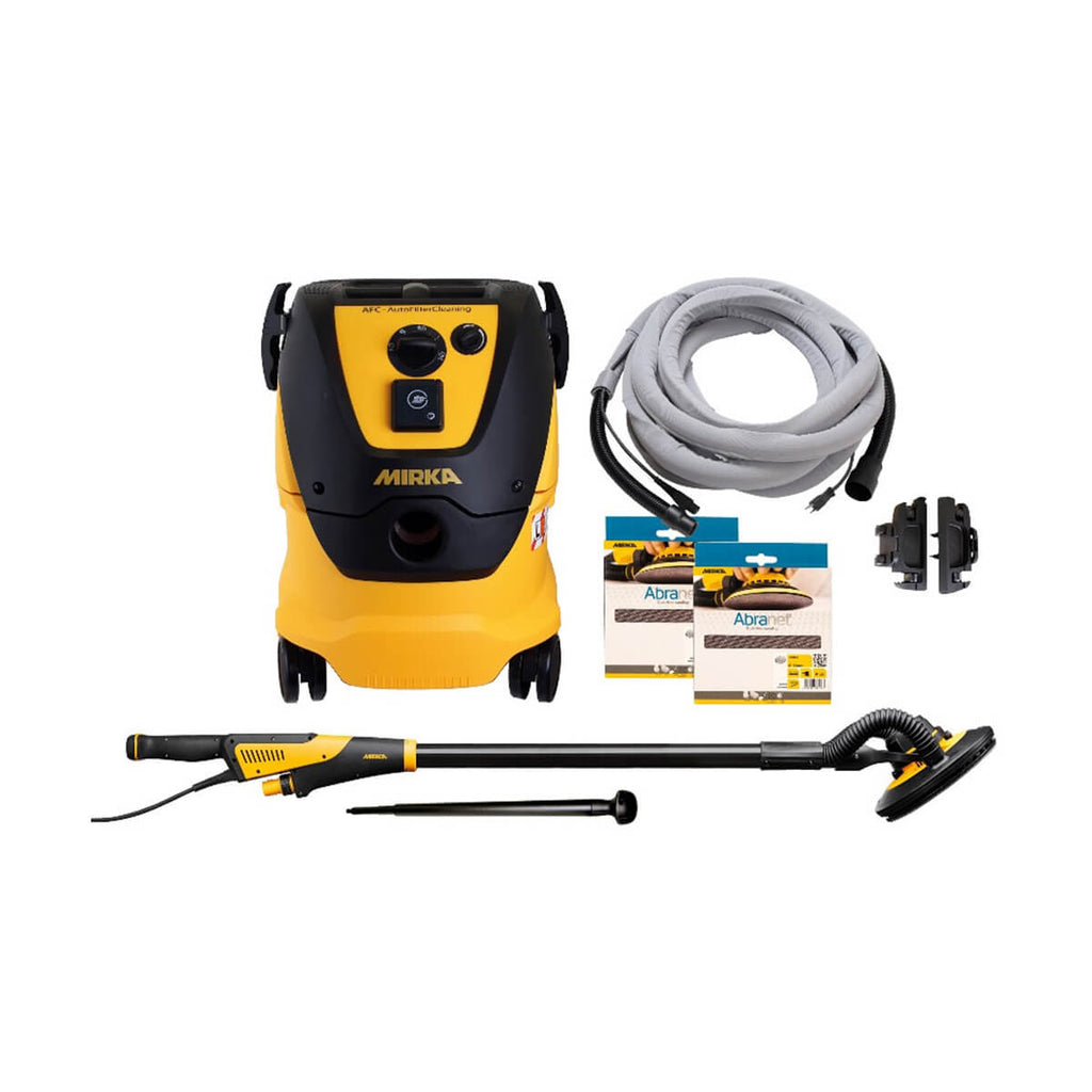 Lijadora de paneles de yeso Mirka Premium LEROS de 9" con paquete combinado de extractor de polvo de limpieza de filtro automático