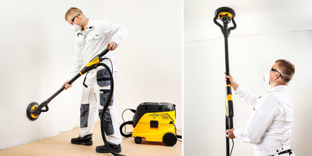 Lijadora de paneles de yeso Mirka Premium LEROS de 9" con paquete combinado de extractor de polvo de limpieza de filtro automático