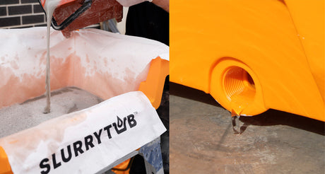 A contractor pouring wet waste into the SlurryTub® with clear water coming out of the drain hole 