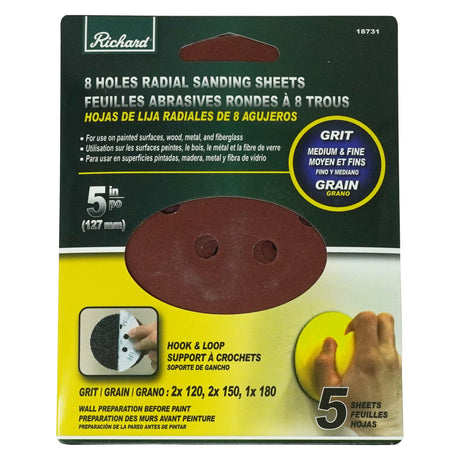 Richard 5" Mixed Grit Radial Sanding Sheets with 8 Holes (5 Pack)