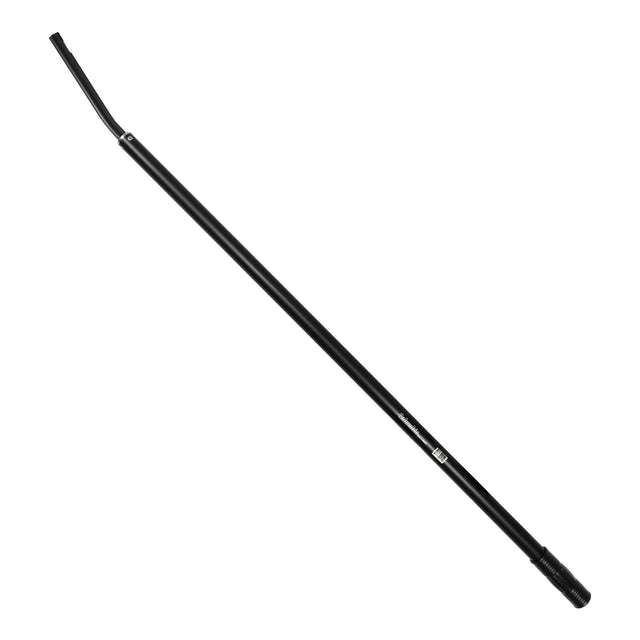 4 ft Columbia Fixed Corner Flusher Box Handle with a slightly bent handle head, black finish, and black rubber grip, side view