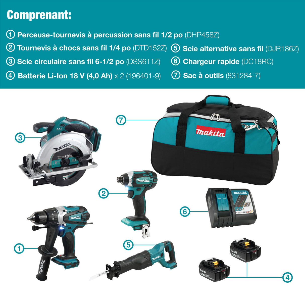 Makita DLX4058M 18V (4.0 Ah) LXT 4 kit combinado de herramientas