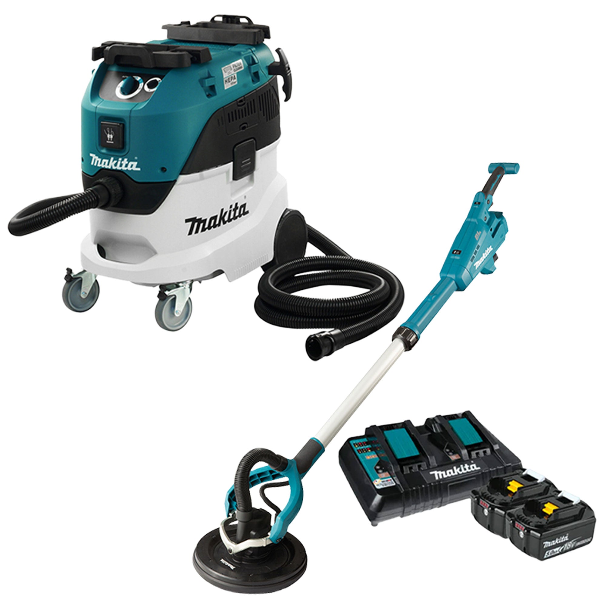 Makita Cordless Drywall Pole Sander with 11 Gallon Wet/Dry HEPA Filter Dust Extractor Bundle