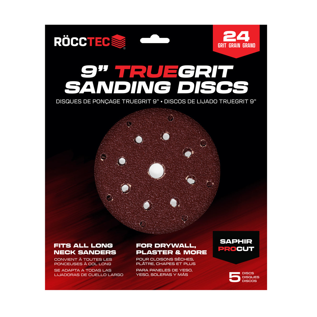Disques de ponçage ronds RoccTec 9" Saphir Red Procut pour plaques de plâtre Festool (paquet de 5)